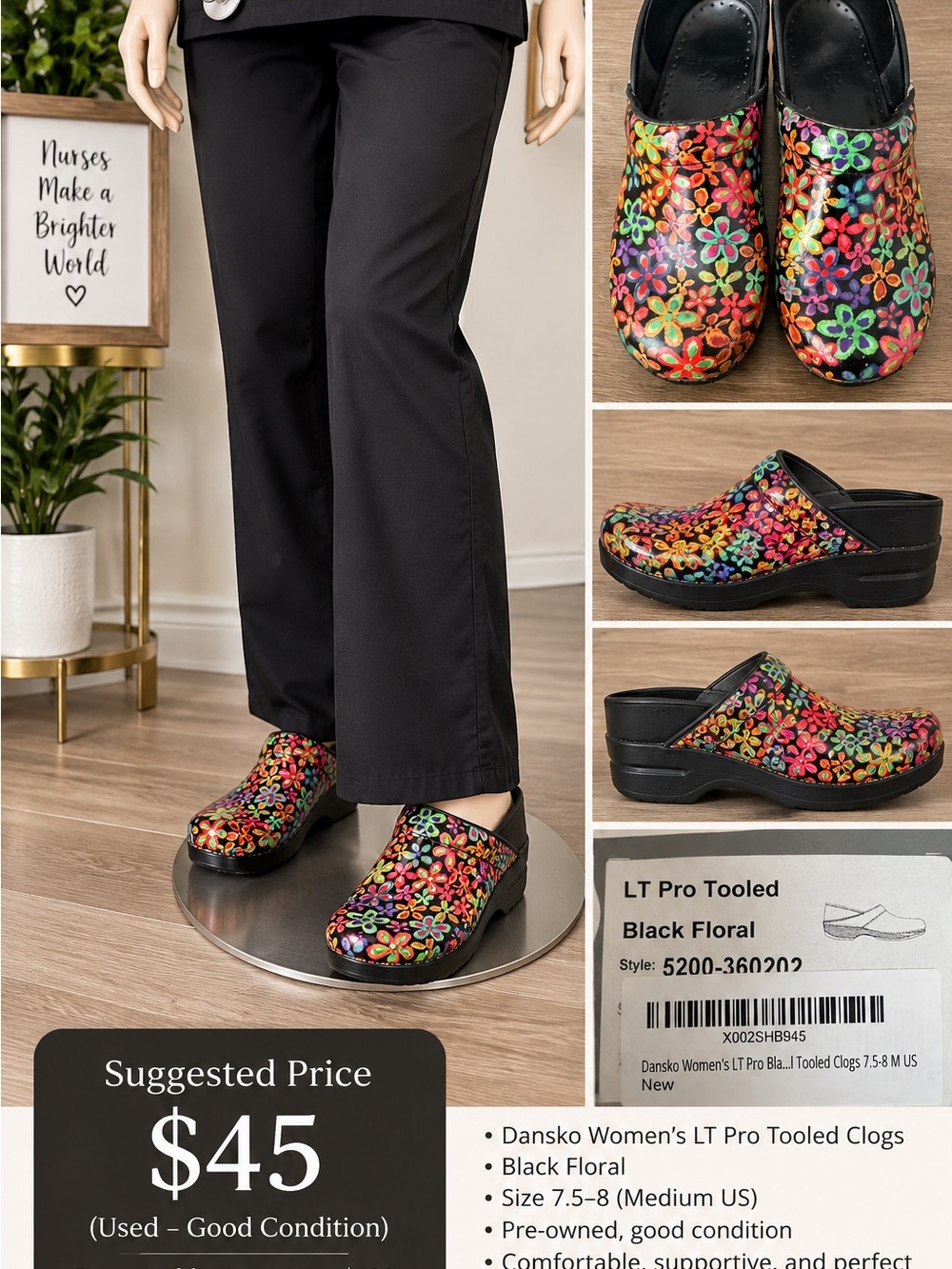 Dansko Black Floral Multicolor Clogs